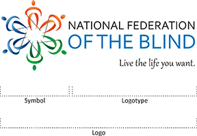 The rectangle version of the National Federation of the Blind logo and tagline with symbol, logotype, and full logo delineated.